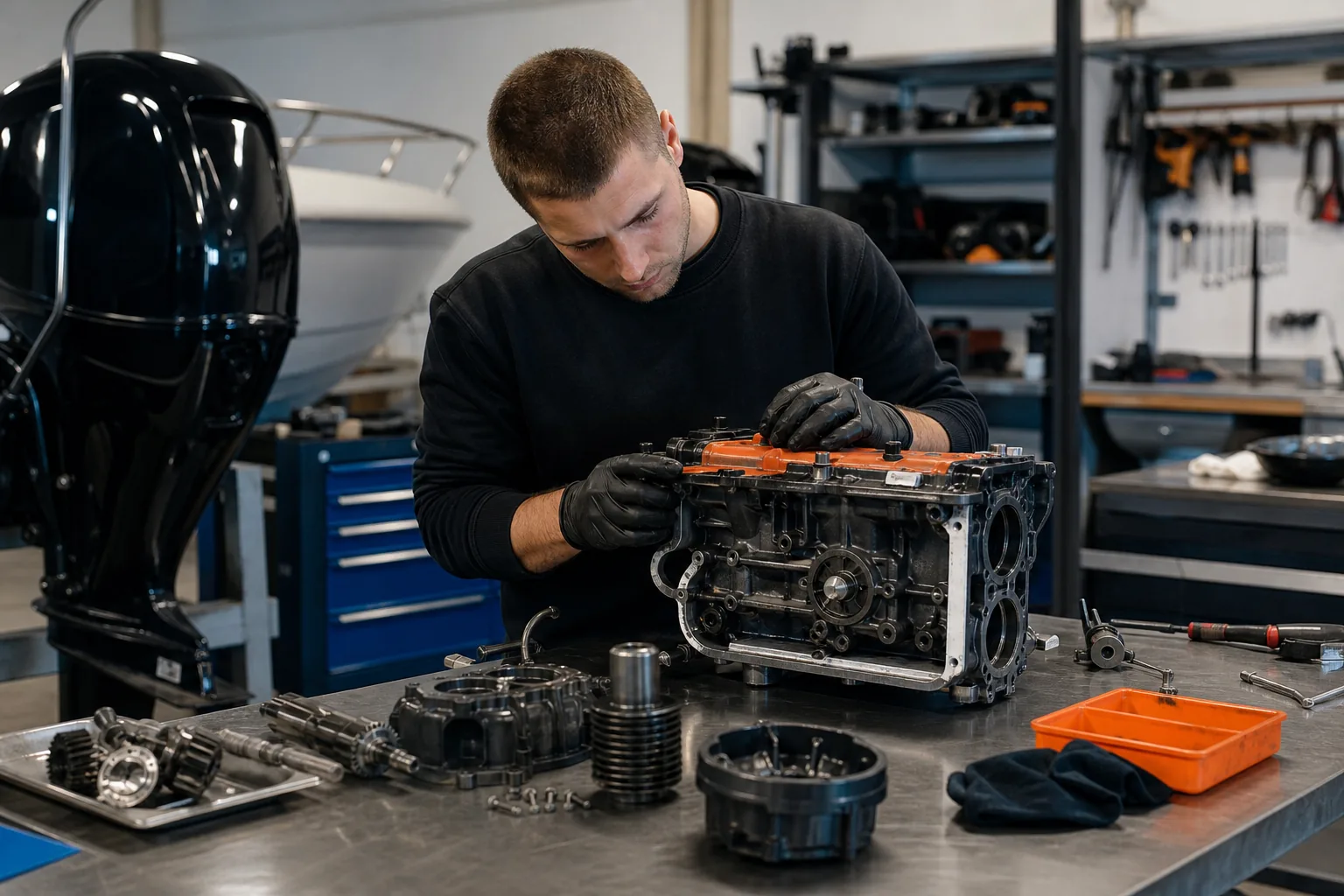 Tekniker kontrollerar motordel inför service av båtmotor och höstservice.